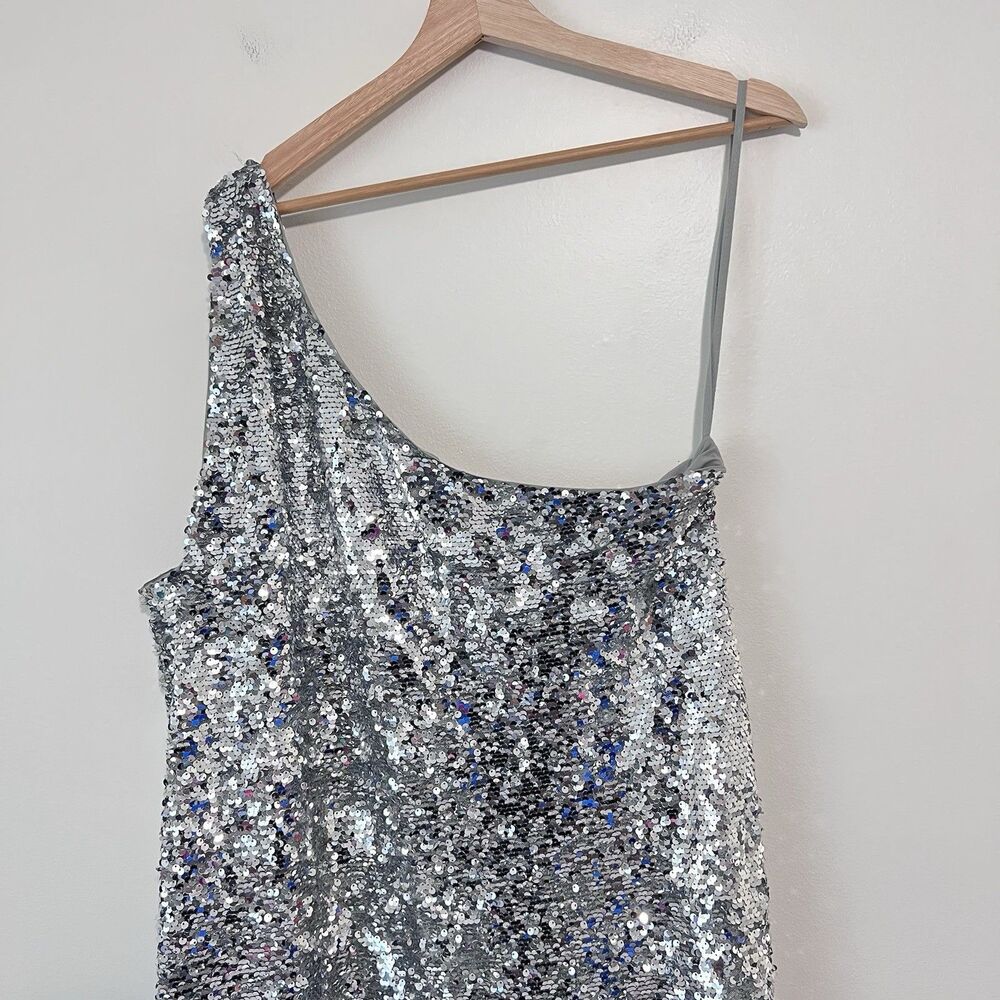 Anthropologie Maeve One-Shoulder Silver Sequin Maxi Dress XL Glam Party Cocktail - Picture 9 of 11